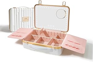 ROWNYEON Portable Travel Makeup Case With Light Up Mirror & Removable Divider - Train Case Organizer for Girls & Makeup Artist, Hairstylist - 10x Mirror (White)