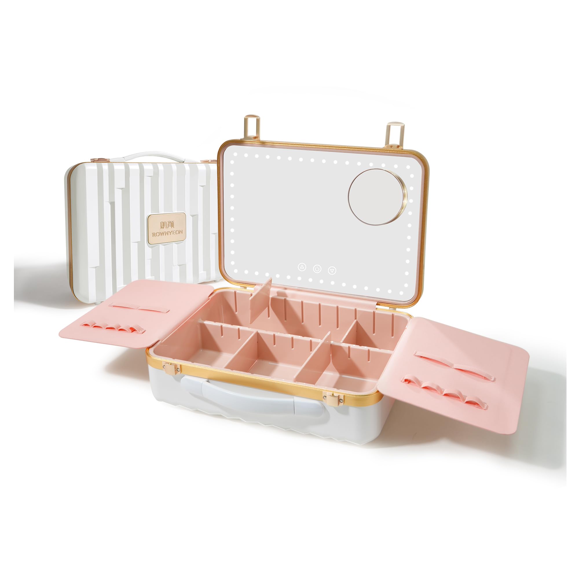 Photo 1 of ROWNYEON Portable Travel Makeup Case With Light Up Mirror & Removable Divider - Train Case Organizer for Girls & Makeup Artist, Hairstylist - 10x Mirror (White)