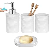 UHEY HOME Plastic Bathroom Accessories Set 4Pcs, White Bathroom Accessory Set Includes Liquid Soap Dispenser with Rust-Proof Plastic Pump, 2Pcs Bathroom Cup, Soap Dish for Modern Home Apartment