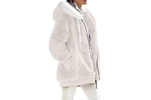 LAYHTKTL Womens Winter Coats Fuzzy Fleece Jacket Hooded Color Block Patchwork Cardigan Coat Warm Outerwear With Pocket