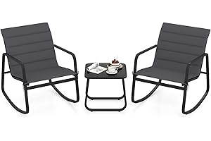 Tangkula 3 Piece Outdoor Rocking Bistro Set, Porch Rocker Chairs with Tempered Glass Table, Metal Frame & Soft Cushions, Pati