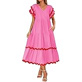 ZESICA Womens 2026 Summer Casual Midi Dresses V Neck Flutter Short Sleeve Ruffle Tiered A Line Flowy Beach Long Dress