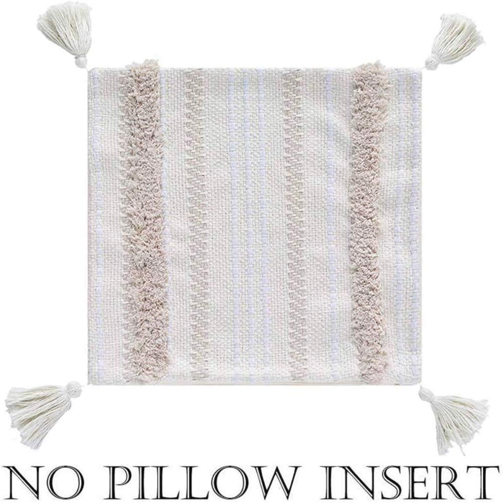 blue page Boho Neutral Decorative Throw Pillow Covers, Woven Tufted Pillows Cover for Couch Sofa Bedroom Living Room, Indoor Outdoor Pillow Cases with Tassels (18X18 inch, Yellowy Cream): Home & Kitchen