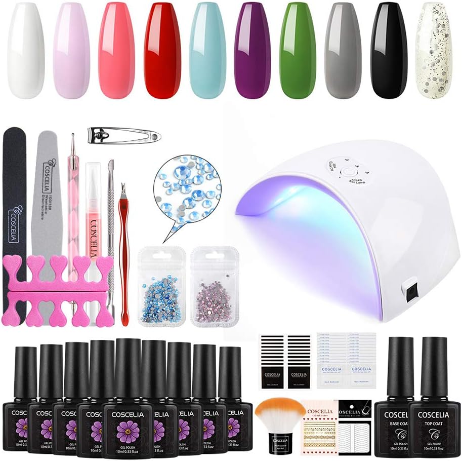 Coscelia 10 Colors Gel Polish Kit with 36W LED Curing Lamp Top Base Coat Manicure Tool Nail Art Kit-10ml