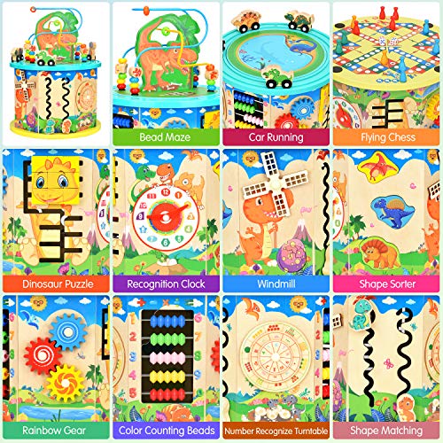 Victostar Activity Cube, 11 in 1 Dinosaur Bead Maze Multipurpose Educational Toy Wood Shape Color Sorter for Kids