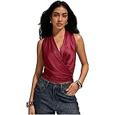 SHENHE Women's Satin Wrap Ruched Tie Side Tank Top Deep V Neck Sleeveless Elegant Blouse