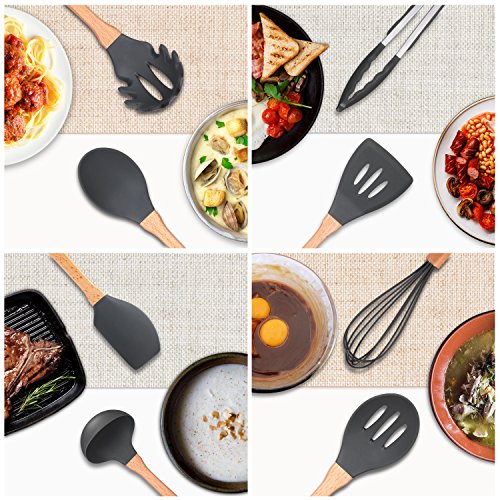 Cooking Utensils Set Vemico 9 Piece Kitchen Utensils Set Wooden Handles Silicone Non-stick Utensils BPA Free Non Toxic Turner Tongs Spatula Spoon Chef Kitchen Tool Set With Peeler(Grey)