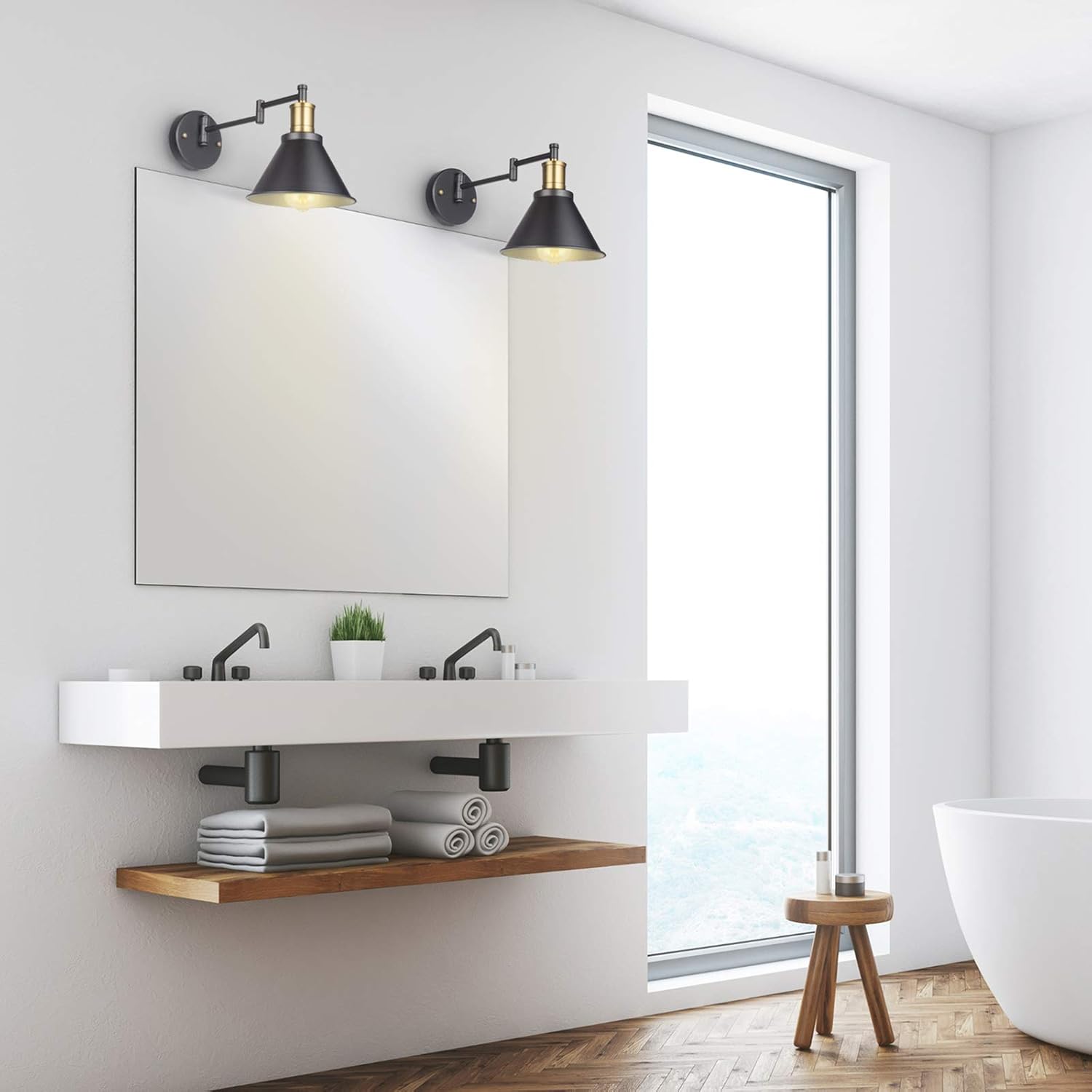 ArcoMead Swing Arm Wall Lamp Plug-in Cord Industrial Wall Sconce, Bronze and Black Finish, with On/Off Switch, E26 Base UL Listed, 1-Light Bedroom Wall Lights Fixtures, Bedside Reading Lamp - - 