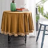 FAIRY KAARI Velvet Tablecloth Luxurious Camel Rectangle Table Tablecloth Thickset with Luxurious Gold Tassels Table Cloth for Home Decor Christmas Wedding, Party, Banquet and Events 60" Round