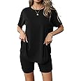 Ekouaer Women's 2 Piece Lounge Set 2025 Summer Biker Shorts Set Outfits Short Sleeve Oversized Top Matching Tracksuit