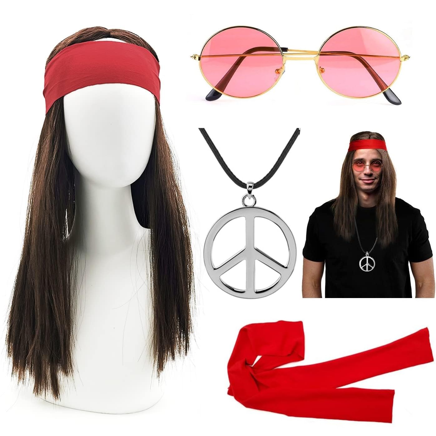 iZoeL Hippie Costumes Halloween Costumes for Men - 4pcs Hippie Wig Sunglasses Peace Necklace Headband -70s Disco Style 60s Outfit 80s Fancy Dress 80s Night Accessories - Retro Men Women, XL