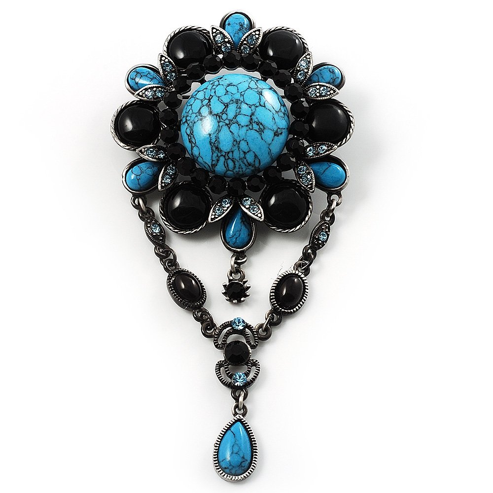 Oversized Vintage Turquoise Stone Charm Floral Brooch