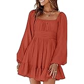 Dokotoo Womens Dress Long Lantern Sleeve Square Neck Tie Backless Sexy Dress Ruffle Elastic Waist A-Line Mini Dress