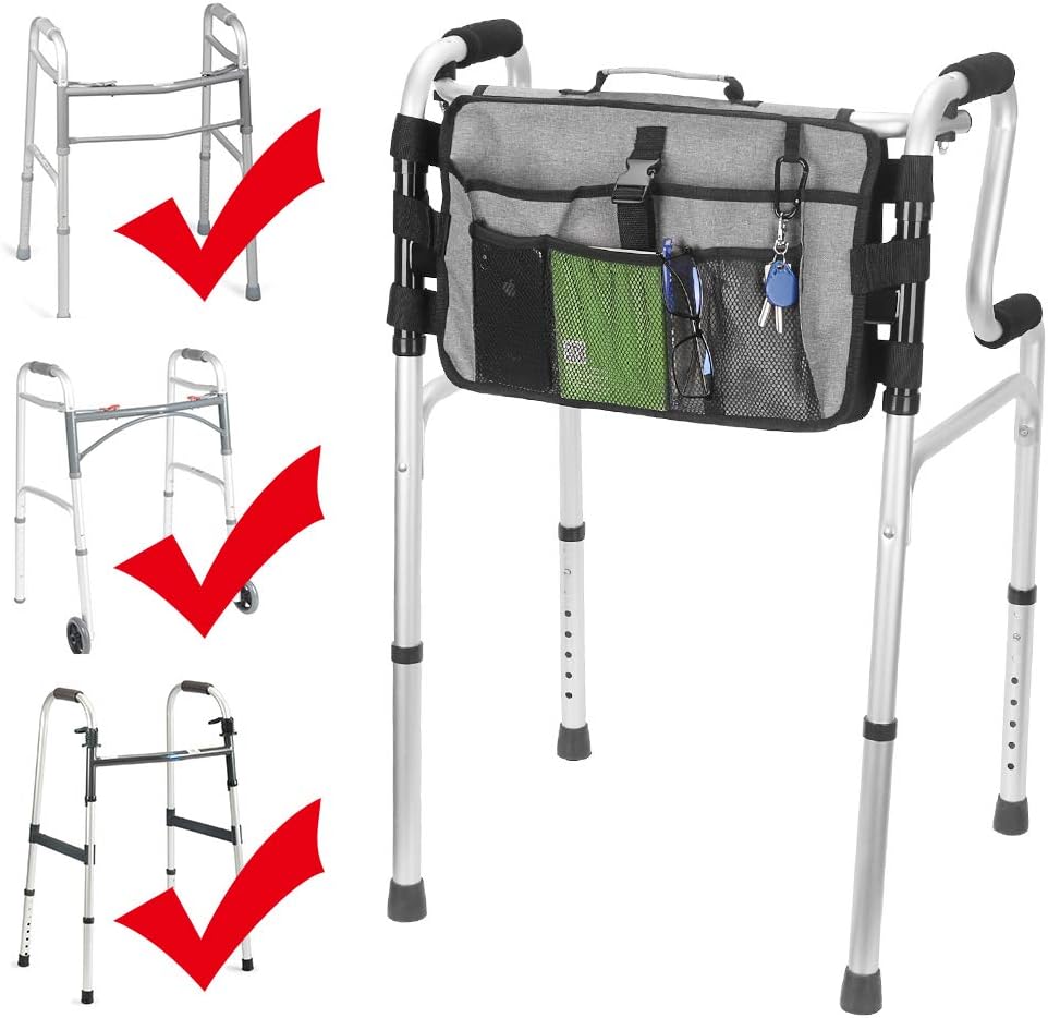 Walker Bag - Water Resistant Tote Folding Walker Basket Caddy Pouch with Large Compartment and 9 Pockets Universal fit Walker, rollator (Gray): Health & Personal Care