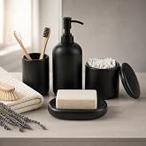 Ava Nord Modern Minimalist Ceramic Bathroom Accessories | Set of 4 | Black | Soap Dispenser + Toothbrush Holder + Soap Dish + Cup, Aesthetic Scandinavian Design, Home Decor, Scratch Resistant, Durable