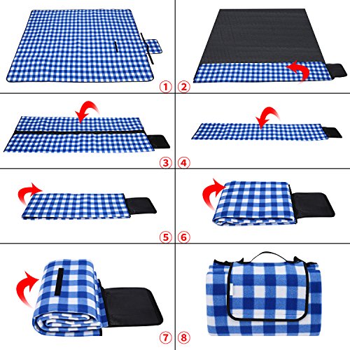 OUTCAMER Large Waterproof Outdoor Picnic Blanket, Portable Folding Picnic Blanket Mat with Tote for Family Camping(Blue-white checker, 79" × 59") - Thumbnail 4