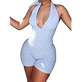 WDIRARA Women's Deep V Neck Sleeveless Halter Romper Lace Up Backless Skinny Knit Sexy Tank Jumpsuit Shorts