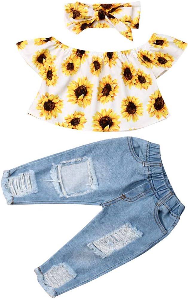Baby Girls Ripped Jeans Outfit Long Sleeve Floral Ruffle T Shirt Tops Denim Pants Set Fall Clothing Set