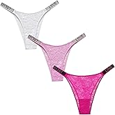 4UFIT Women's Lace G-String Thongs Sexy Low Waist Tangas Underwear See-Through Rhinestones Thongs Panties 3-5 Pack