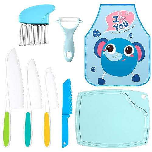LIUCONGBD Kids Plastic Kitchen Knife Set, Wooden Children’s Cooking Knife for Chopping, Paring Knife Potato Slicer with Kids Apron and Cutting Board, Serrated Edges Fruit Vegetable Knives (Boy)