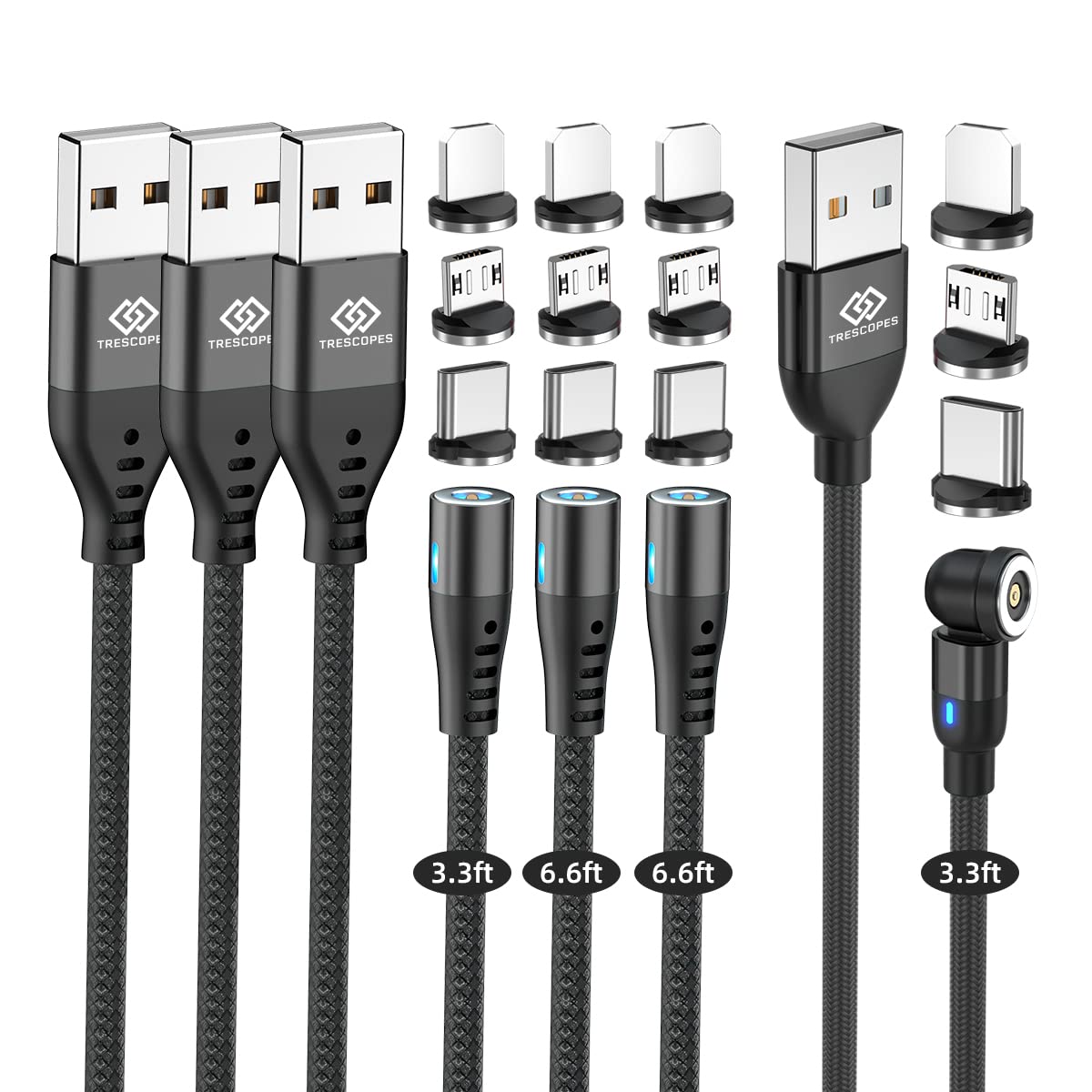 Trescopes Magnetic Charging Cable, (4 Pack - 2x1M, 2x2M), Magnetic Phone Charger Cable, Compatible for charging all Smartphones, Android, Micro USB and Type C Devices