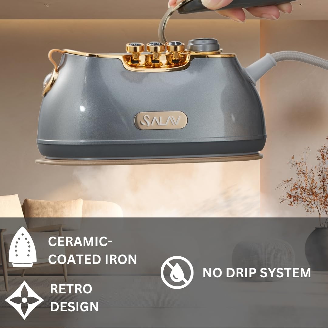 SALAV® Retro Edition Duopress Handheld Garment Steamer and Iron, Ceramic Plate, 1000 watts of Steam, Removes Wrinkles on Clothes, Vintage Style No Drip Steam, Titanium