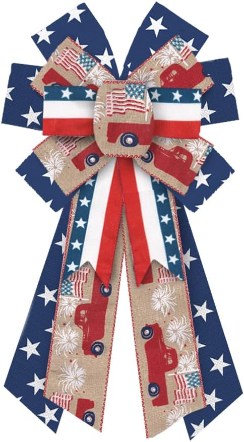 Bows & Ribbons - Large Patriotic Wreath Bows Labor Day Decor Bows for Wreath American Flag Truck Star Brown Strip Burlap Bows for Veterans Day Independence Day Front Door Indoor Outdoor Tree Topper Decoration Supplies
