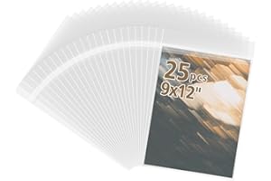 Frametory, 9 7/16" x 12 1/4" Acid-Free Clear Plastic Bags, Self Seal Crystal Photo Sleeves for 9x12 Framing Mat Mattes,Prints, A4 & Letter Sized Documents - 25 Pack