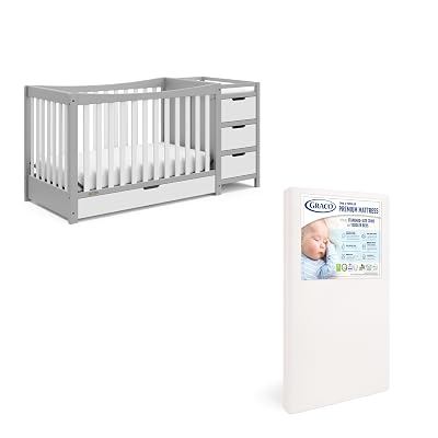 Graco Remi 4-in-1 Convertible Crib & Changer (Pebble Gray & White) - with Graco Premium Foam Crib & Toddler Mattress