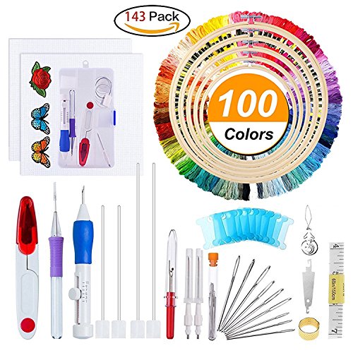 Embroidery Starter Kit Full Set - Including Magic Embroidery Pen Punch Needle,5 Pieces Bamboo Embroidery Hoops, 100 Color Threads,Embroidery Needles Stitching Punch Pen Set Craft Tool for Beginner