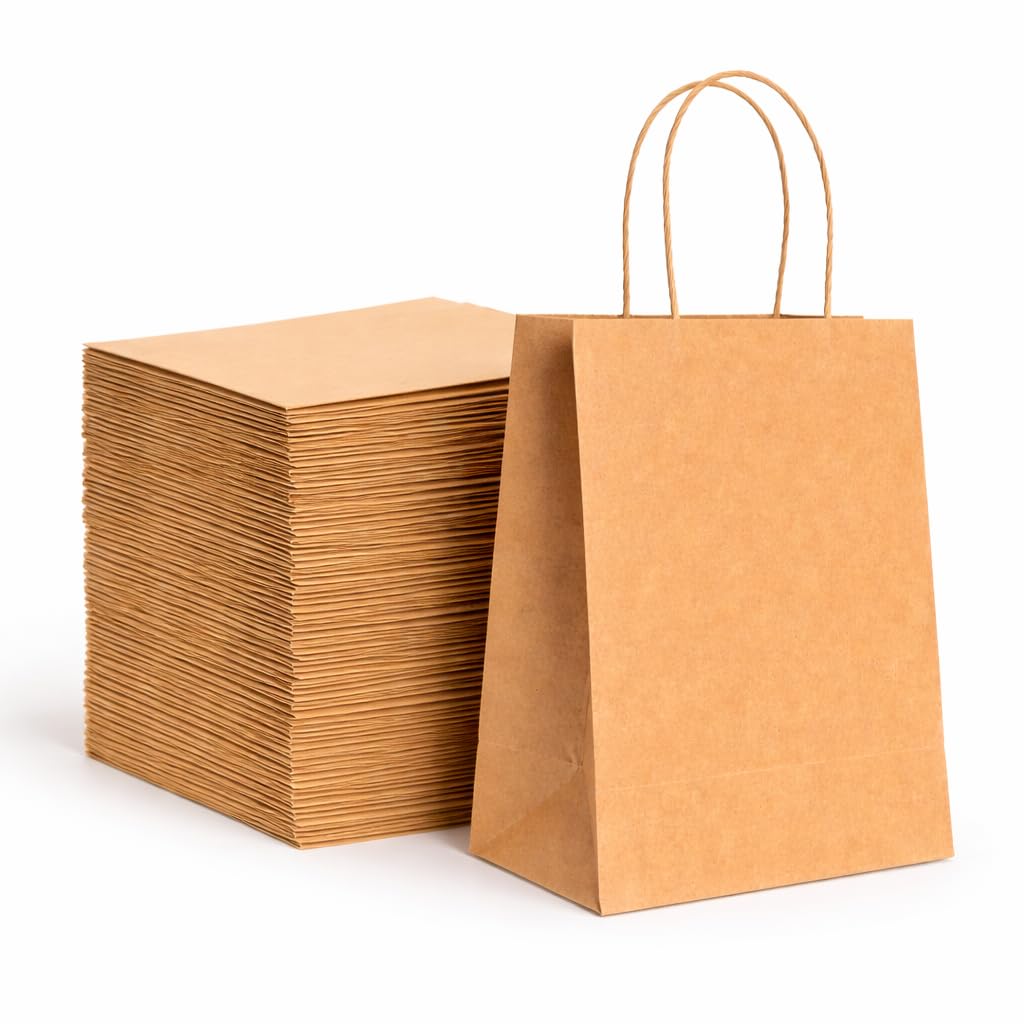 HURUC 50 Pcs Brown Paper Bags With Handles,130GSM, Small Paper Gift Bags, Eco-Friendly Kraft Carrier Bags, Christmas, Easter, Birthday Parties,18x24x8cm