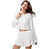 SHENHE Women's Floral Pajama Set Long Sleeve Button Up Crop Top and Shorts 2 Piece Loungewear