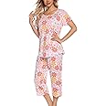 ENJOYNIGHT Womens Pajama Sets Cotton Pj Set Short Sleeve Top With Capri Pants Sleepwear 2 Piece Lounge Set