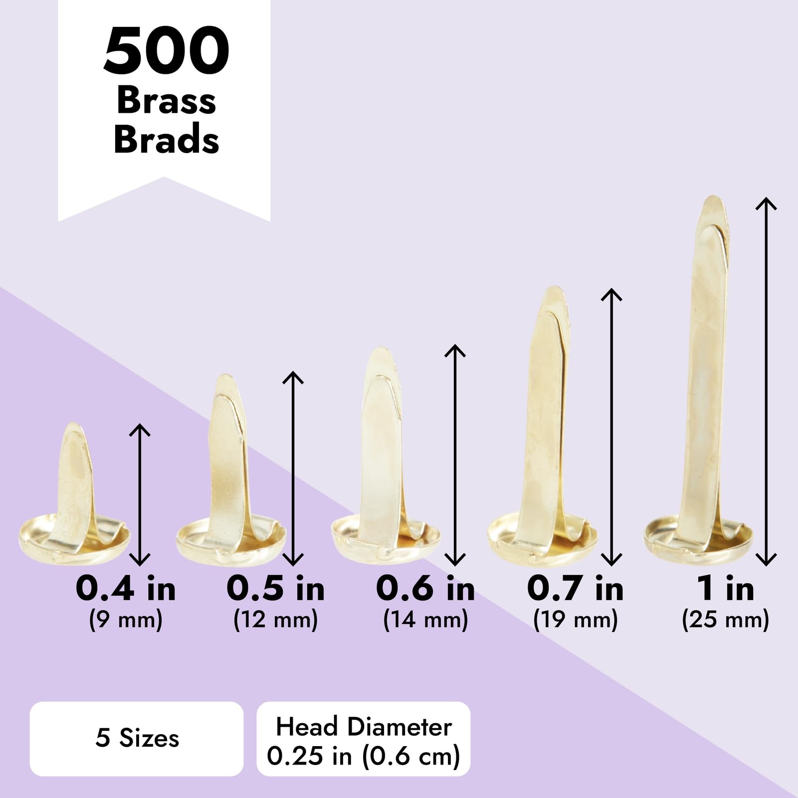 Juvale Mini Flat Head Paper Brads for Crafts - 500 Piece, 5 Sizes (0.37-1 in), Gold Brass Split Pins - Assorted Paper Fasteners & Brad Pins with Foldable Backs