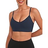 Buauty V Neck Sports Bra for Women, Padded Push up Women's Sport Bras Adjustable Thin Straps, Light Support Yoga Camisole Basic Top, Low Impact Spaghetti Strap Sport Racerback Bras Navy Blue L