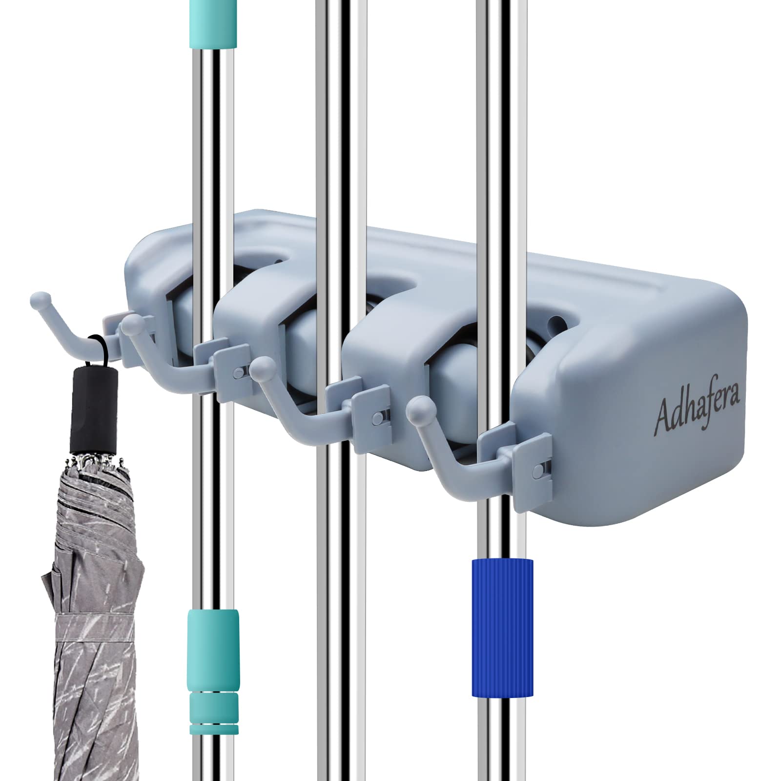Adhafera Broom and Mop Holder Wall Mounted - Tidy Organizer With 3 Positions and 4 Hooks - Utility Room Storage Solutions for Garage, Garden, Kitchen Tools