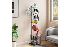 lesolar Basketball Rack - Sports Equipment Organizer - Ball Rack Ball Organizer for Garage with Hook Basket for Basketball Football Badminton Volleyball, Black