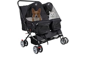 KARMAS PRODUCT Double Pet Stroller, Foldable Double Dog Stroller for 2 Dogs Cats with 4 Wheels, Twin Walk Jogger Travel Pet Carriage Cart with Storage, Black