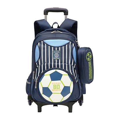 VIDOSCLA Cartoon Na-print na Football Trolley Backpack Elementary School Bag Rolling Book Bag na may Mga Gulong para sa Mga Lalaki