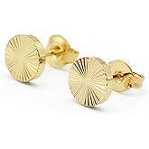 7mm Round Diamond Cut Texture Sunburst Stud Earrings for Women, 18k Yellow Gold Filled Plated, Nickel Free