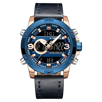 Genuine Leather Chronograph Analog Digital Wristwatch for Men - Blue Golden + Kids Sport Watch