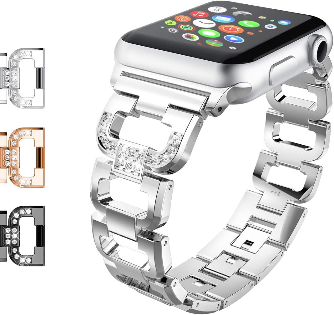 WEKIN Replacement Bands Compatible for Apple Watch Strap 38mm 40mm 42mm 44mm, Replacement Stainless Steel Bling Rhinestone Wristband Sport Strap for Watch, Series 4 3 2 1, Sport Edition