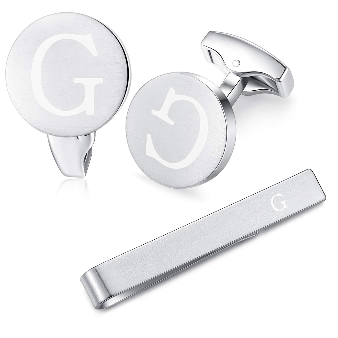 HONEY BEAR Initial Alphabet Letter Cufflinks Skinny Tie Clip Set for Mens Shirt - Round Stainless Steel, for Skinny Narrow Tie Business Wedding Gift,Brushed Silver,4cm (G2)