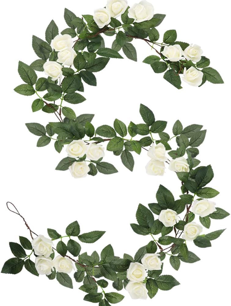 AGEOMET 1 Pack Artificial Rose Vine Fake Hanging Rose Flower Ivy Artificial Flower Garland Wreath for Home Party Office Wedding Decorations Floral Arrangement (White)