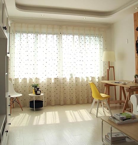 Amazon Winyyコットンとリネン生地葉刺繍糸アートとアメリカン田園ヴィンテージ刺繍薄手のカーテン バルコニー画面ボイルカーテンロッドポケットトップ 1パネルw40 X L63インチ W52xl72 Inch キッチン用品 オンライン通販