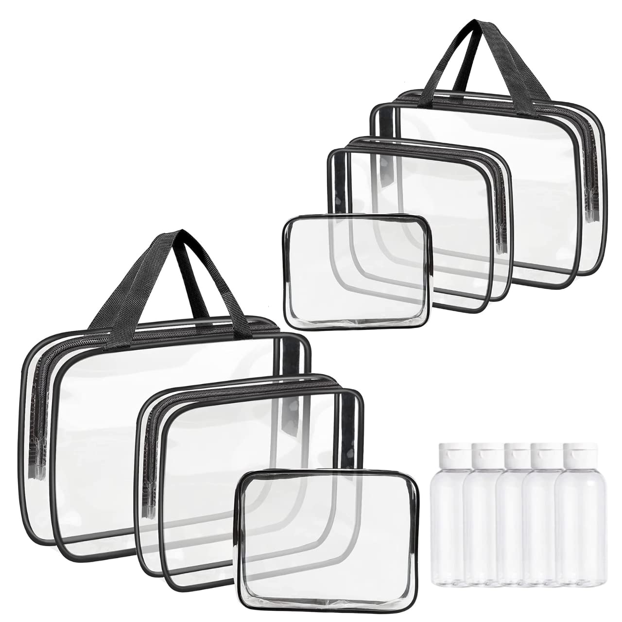 Clear Travel Toiletries Bag Set GLAMZA® Travel Toiletry Bag Set of 6 PVC Bags for Men & Women x2 Small, x2 Medium & x2 Large - Ideal Wash Bag Set for Makeup Plus x5 50ml Travel Bottles (Black)