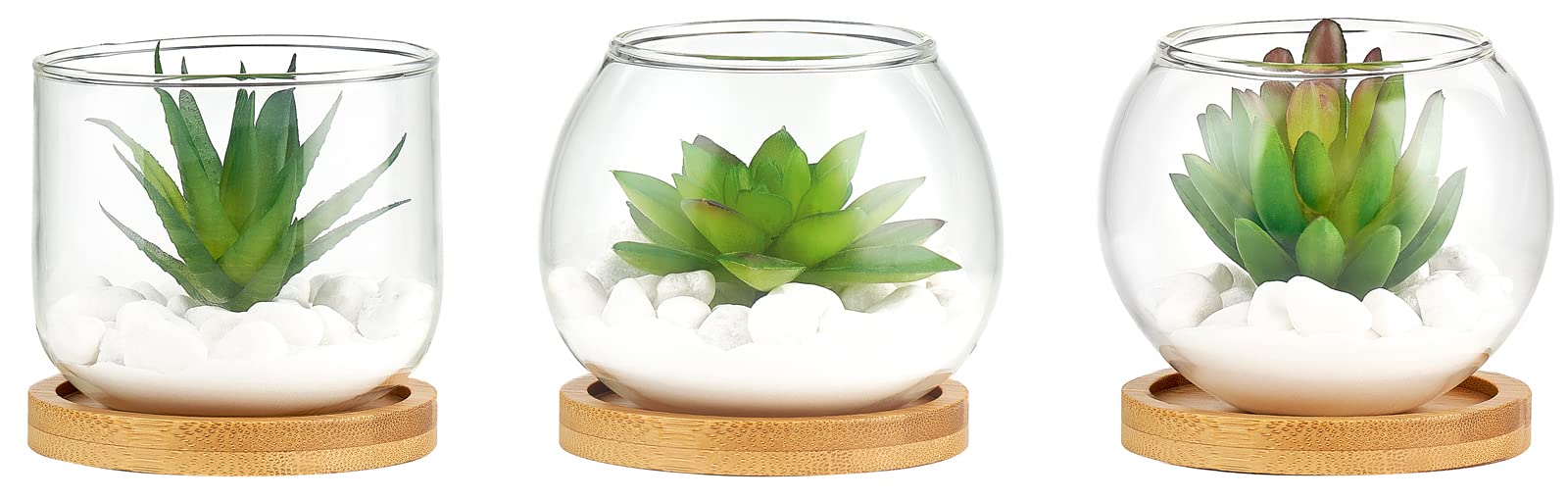 Photo 1 of Mkono Artificial Succulent in Clear Glass Pot, 3 Mini Potted Fake Plants for Women Office Decor Small Faux Green Plant with BambooTray for Bookshelf Bathroom Kitchen Tabletop Centerpiece