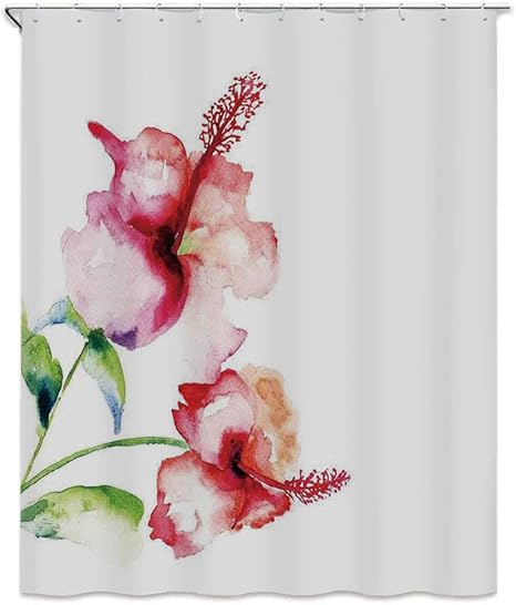 Amazon 水彩花 シャワーカーテン 1 X 180cm パステルカラーの無地の背景にハイビスカスの花自然家の装飾装飾 防カビ 防水 バス用品 プライバシー保護 取付簡単 白赤緑 シャワーカーテン ホーム キッチン オンライン通販