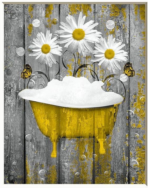 Photographs - Blue Brown Rustic Farmhouse Daisy Flowers Photography Home Decor Matted Wall Art Picture (Brown Blue) (Yellow)