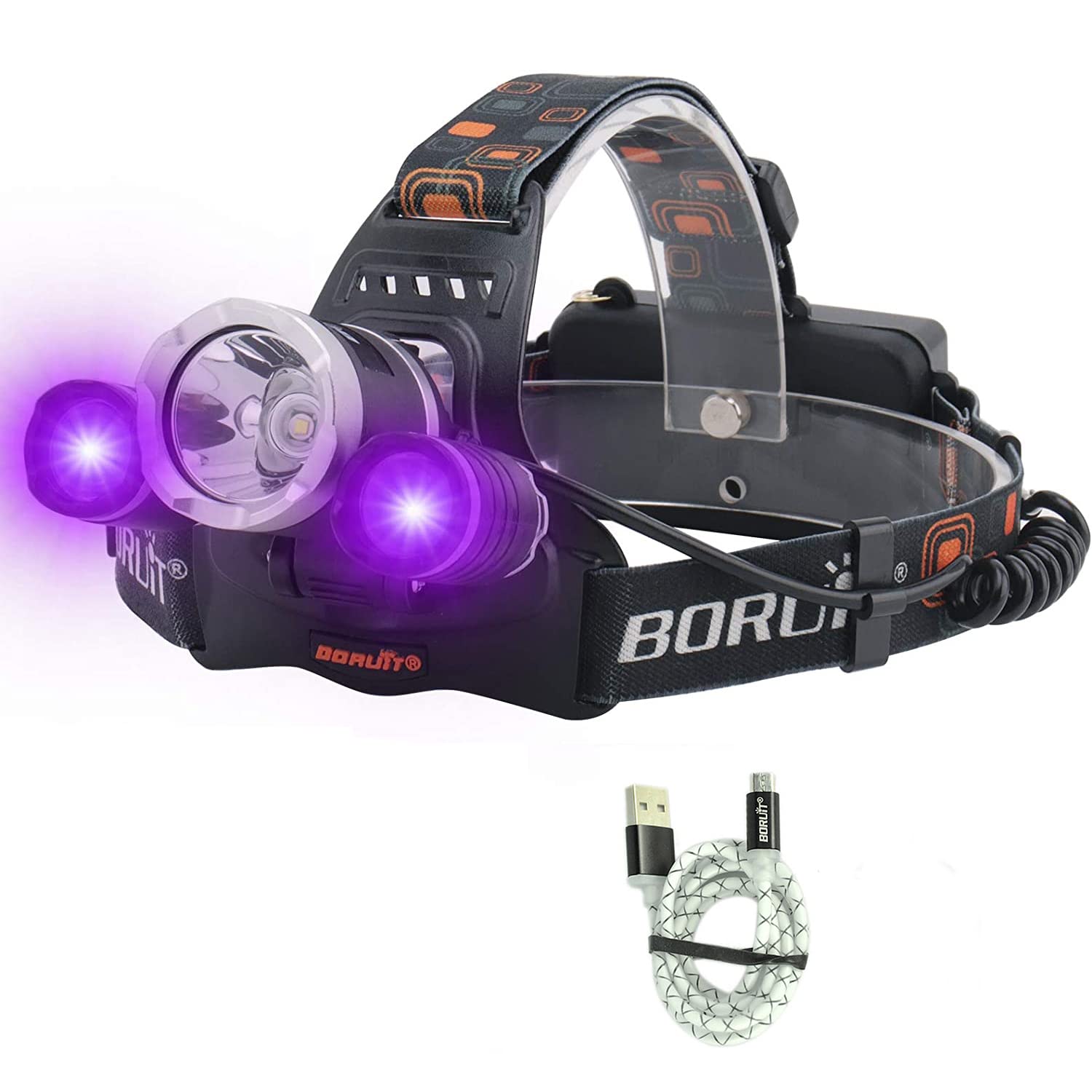 BORUIT LED Light Headlamp 5000 Lumens Rechargeable Blacklight Headlight for Night Fishing, Scorpions Hunting, Auto Oil and HVAC Leaks, Detect Fake Money/Jewelry/Pet Urine Stains (UV+White Light)